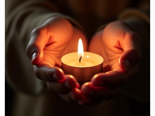 Hände, die eine Kerze halten, mit sanftem, warmem Licht, symbolisierend Mindfulness und Stressbewältigung durch Meditation.